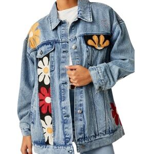 We the Free People Annie’s Flower  Denim Jacket Womens Medium Boho Trucker